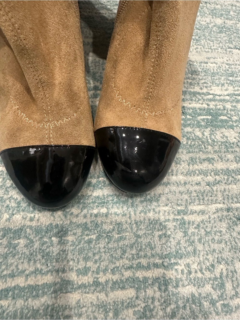 CHANEL Tan Suede Over-the-Knee Boots with Black Accents and Gold Block Heel - Picture 4 of 16